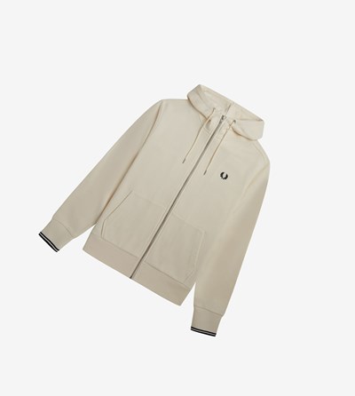 Beige Fred Perry Hooded Zip Through Men's Sweatshirt | OWSQT-1952