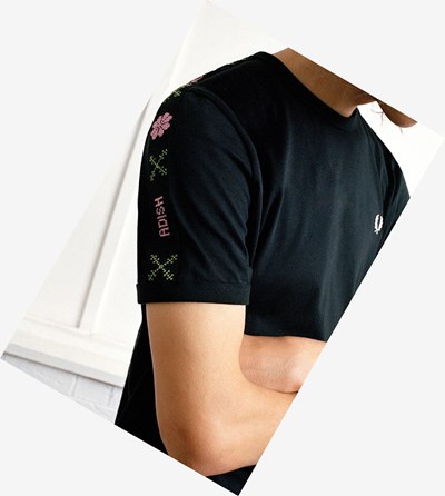 Black Fred Perry Adish Embroidered Tape Ringer Men's T Shirts | HWGBV-9742