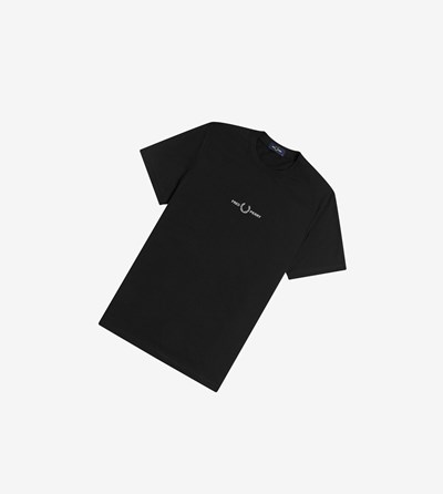 Black Fred Perry Embroidered Men's T Shirts | JDFKS-4193