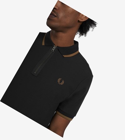 Black Fred Perry Half Zip Men's Polo Shirts | ESDMV-8560