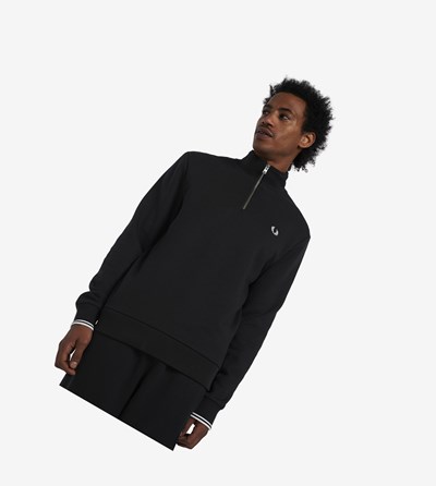 Black Fred Perry Half Zip Men's Sweatshirt | FSIGE-3652