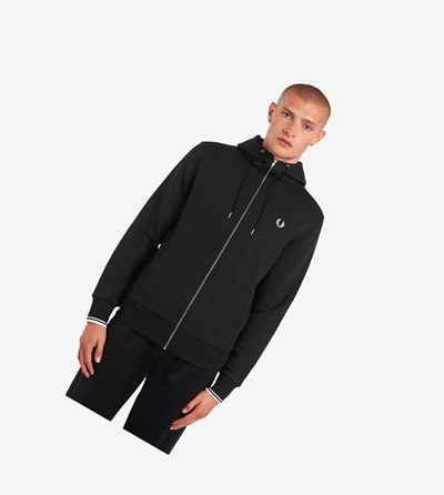 Black Fred Perry Hooded Zip Through Men's Sweatshirt | GURBH-5460