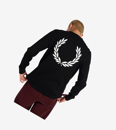 Black Fred Perry Laurel Wreath Long Sleeve Men's T Shirts | MZOBG-0623