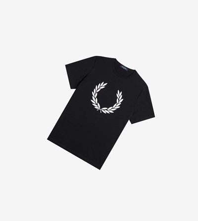 Black Fred Perry Laurel Wreath Print Men's T Shirts | NMQEO-1657