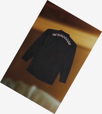 Black Fred Perry Raf Simons Oversized Embroidered Men's Shirts | UZCPN-8457