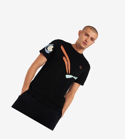 Black Fred Perry Reissues Abstract Bouncing Ball Men's T Shirts | VJMUL-2169