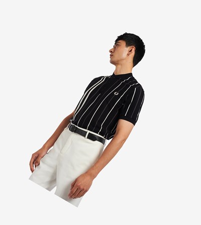 Black Fred Perry Striped Henley Men's Polo Shirts | PZMUB-9014