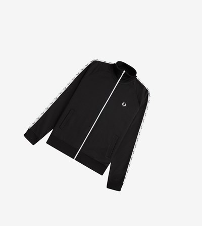 Black Fred Perry Taped Men's Track Jacket | AXDHS-1467