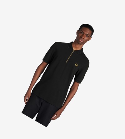 Black Fred Perry Zip Neck Men's Polo Shirts | MHFBZ-0598