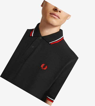 Black / White / Light Red Fred Perry M12 Men's Polo Shirts | NEMRI-9328