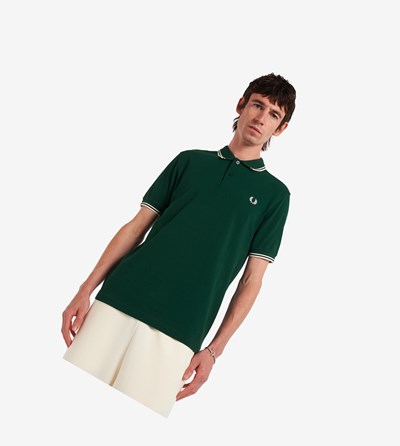 Dark Green / White Fred Perry M3600 Men's Polo Shirts | NOPAB-9638