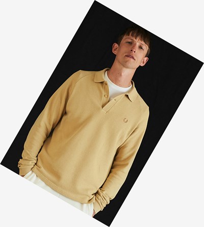 Gold Fred Perry Reissues Textured Long Sleeve Men's Polo Shirts | FWYQV-4967