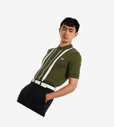 Green Fred Perry Striped Knitted Shirt Men's Knitwear | ZXVKH-4263