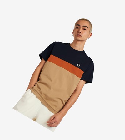 Grey Fred Perry Colour Block Men's T Shirts | FUZYD-1746