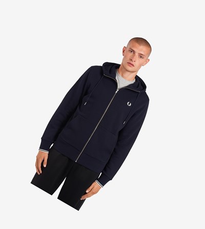 Navy Fred Perry Hooded Zip Through Men's Sweatshirt | UAWMG-0279