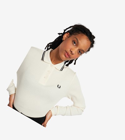 Navy Fred Perry Long Sleeve Ribbed Women's Polo Shirts | VOTZN-3064