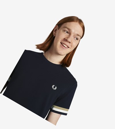 Navy Fred Perry Piqué Men's T Shirts | TAKPQ-8673