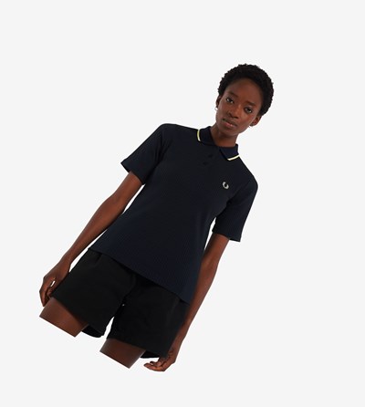 Navy Fred Perry Ribbed Women's Polo Shirts | GVDNP-4698