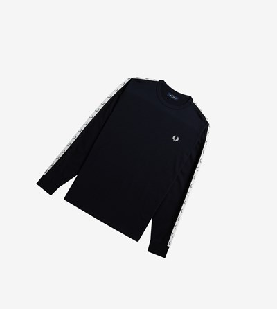 Navy Fred Perry Taped Long Sleeve Men's T Shirts | FEHXC-4832