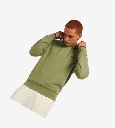 Olive Green Fred Perry Tipped Hooded Men's Sweatshirt | DUOEA-3942