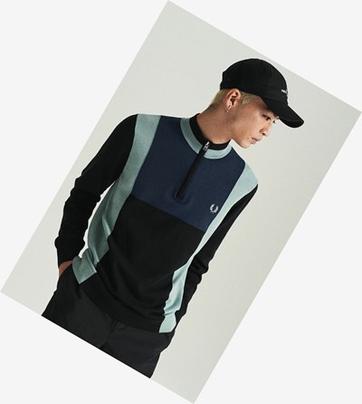 Silver Blue / Black Fred Perry Long Sleeve Knitted Cycling Top Men's Knitwear | QOGVZ-9173