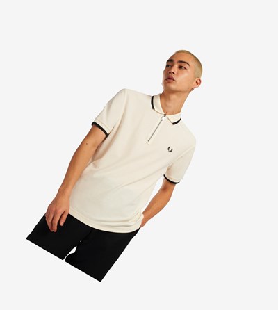 White Fred Perry Half Zip Men's Polo Shirts | UZHXN-8150