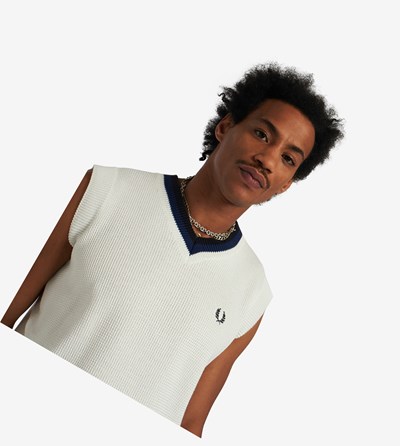 White Fred Perry Reissues V-Neck Knitted Tank Men's Knitwear | YCJFV-9031