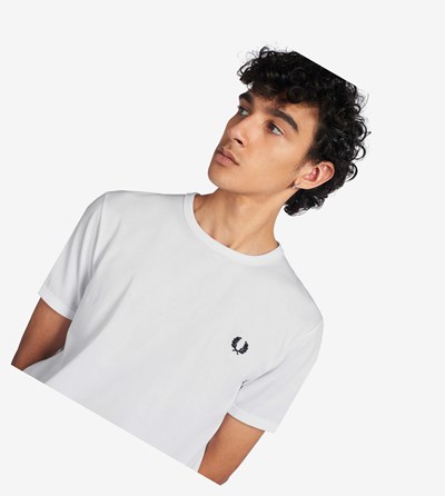 White Fred Perry Ringer Men's T Shirts | XKEOR-2978