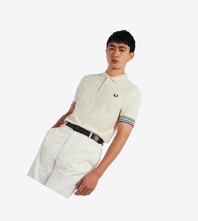 White Fred Perry Striped Cuff Men's Polo Shirts | PVNID-1725