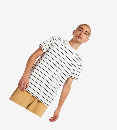 White Fred Perry Two Colour Stripe Men's T Shirts | JCAEV-8159