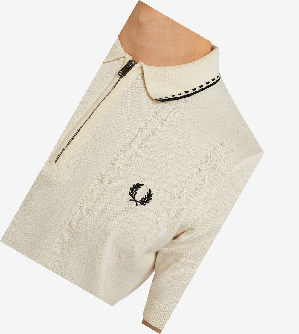 Beige Fred Perry Cable Detail Zip-Neck Knitted Shirt Men's Knitwear | VCNJH-4329