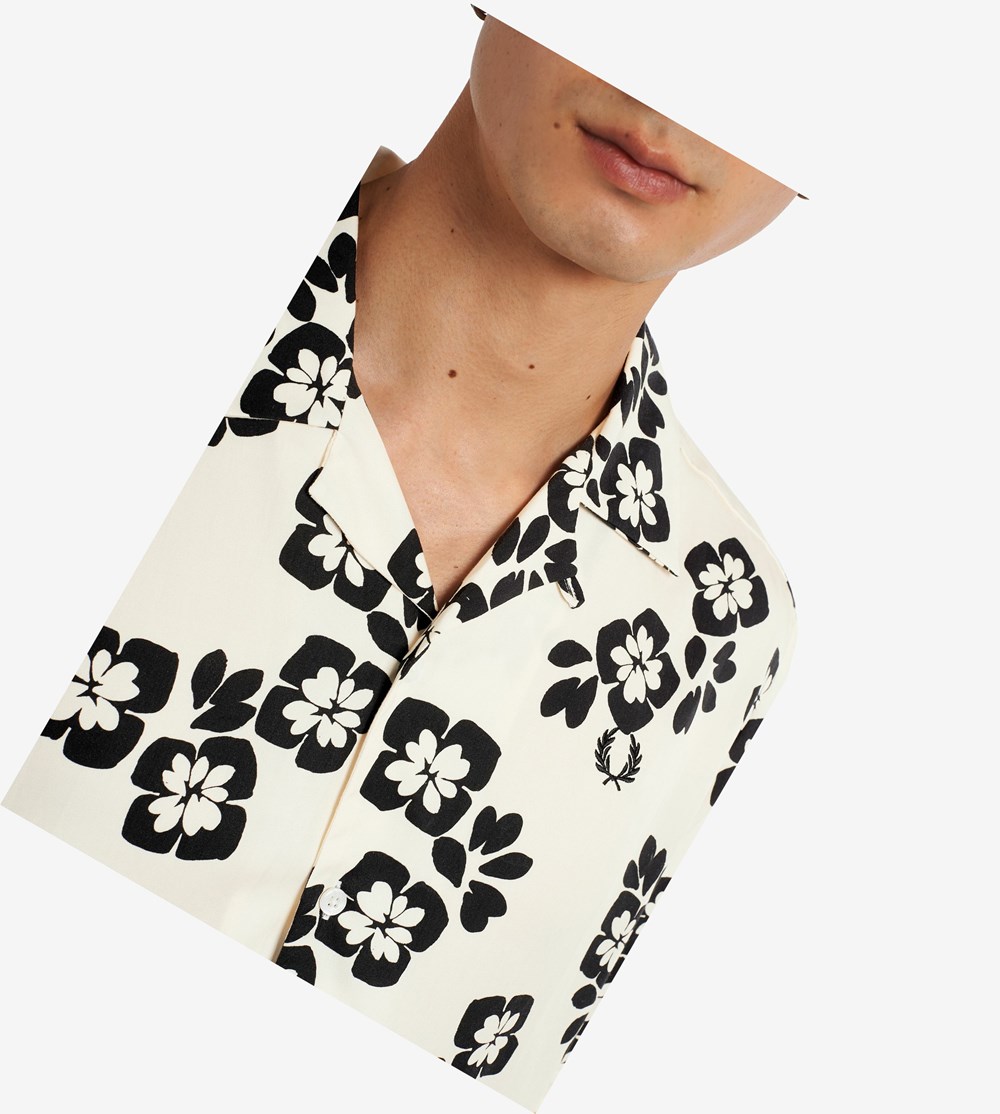 Beige Fred Perry Floral Print Revere Collar Men's Shirts | EOGVR-0981