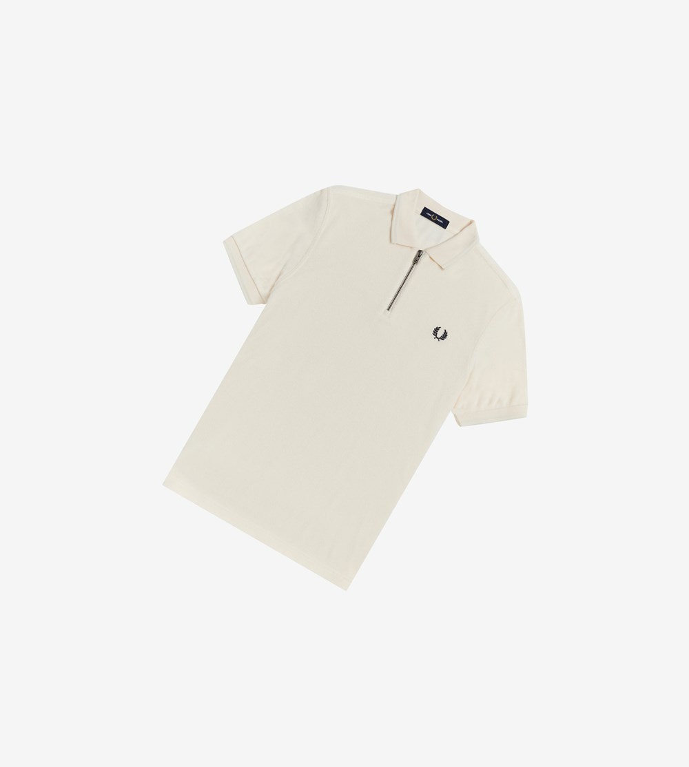 Beige Fred Perry Towelling Zip Neck Men's Polo Shirts | FSTIV-1284