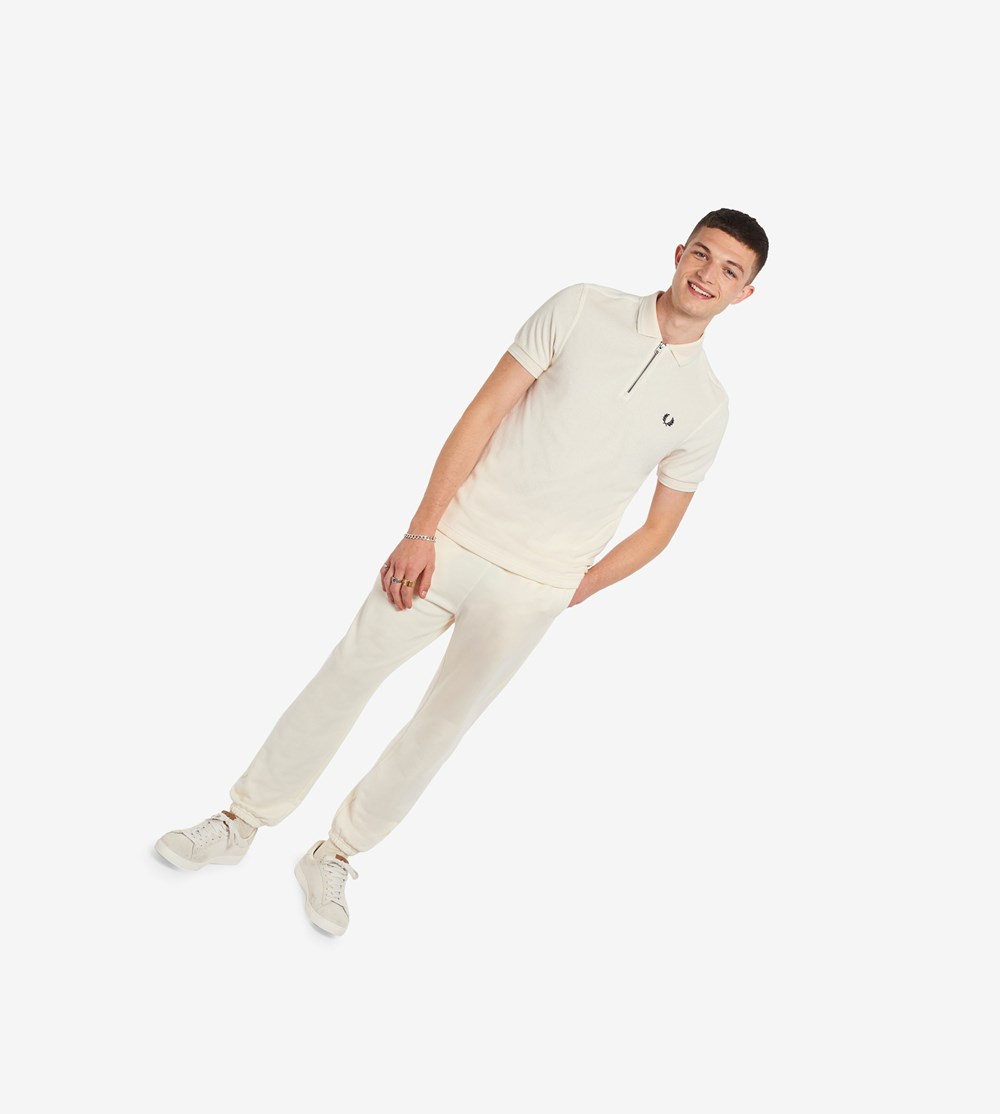 Beige Fred Perry Towelling Zip Neck Men's Polo Shirts | FSTIV-1284