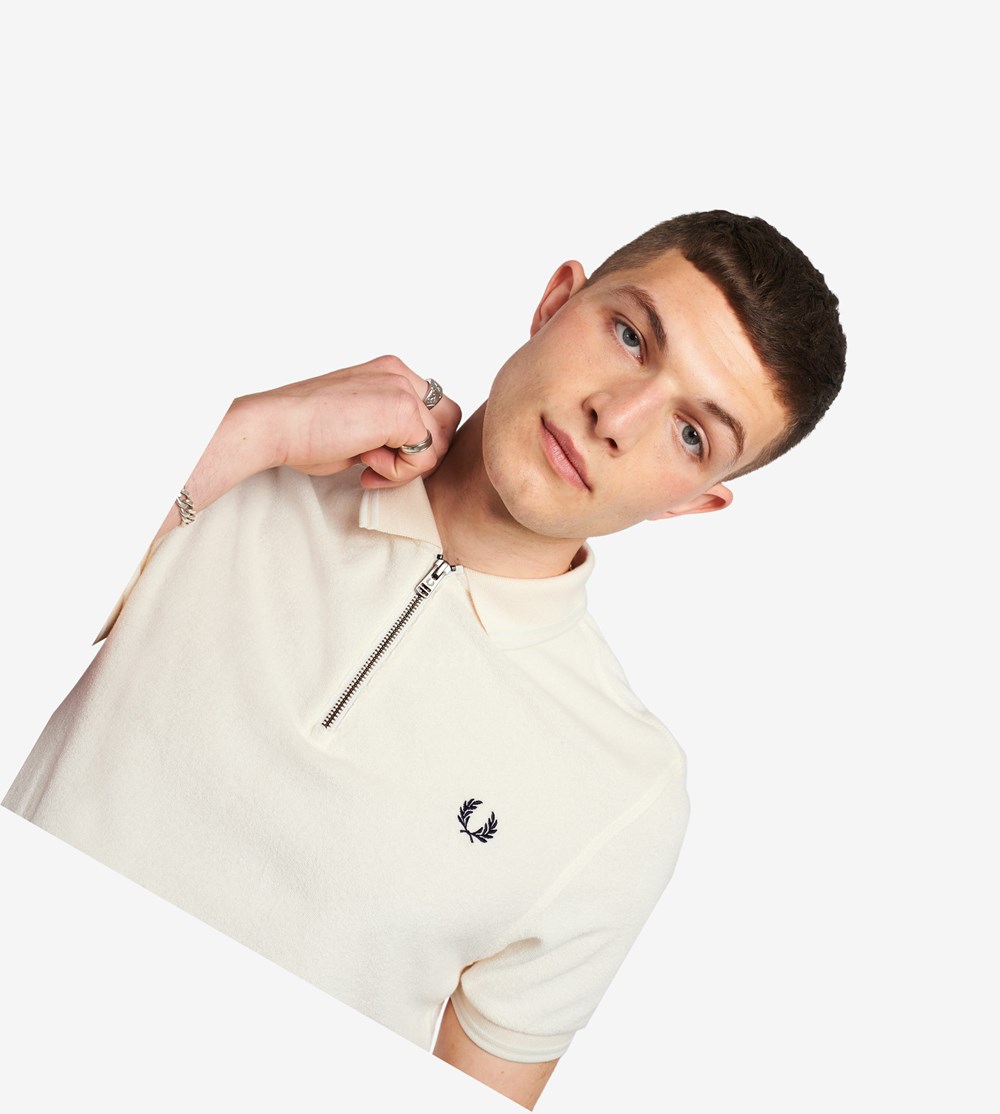 Beige Fred Perry Towelling Zip Neck Men's Polo Shirts | FSTIV-1284