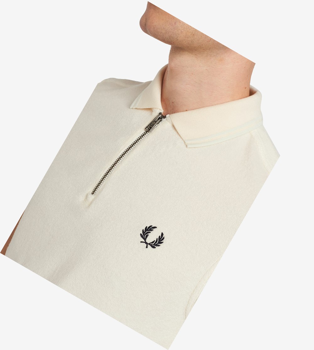 Beige Fred Perry Towelling Zip Neck Men's Polo Shirts | FSTIV-1284