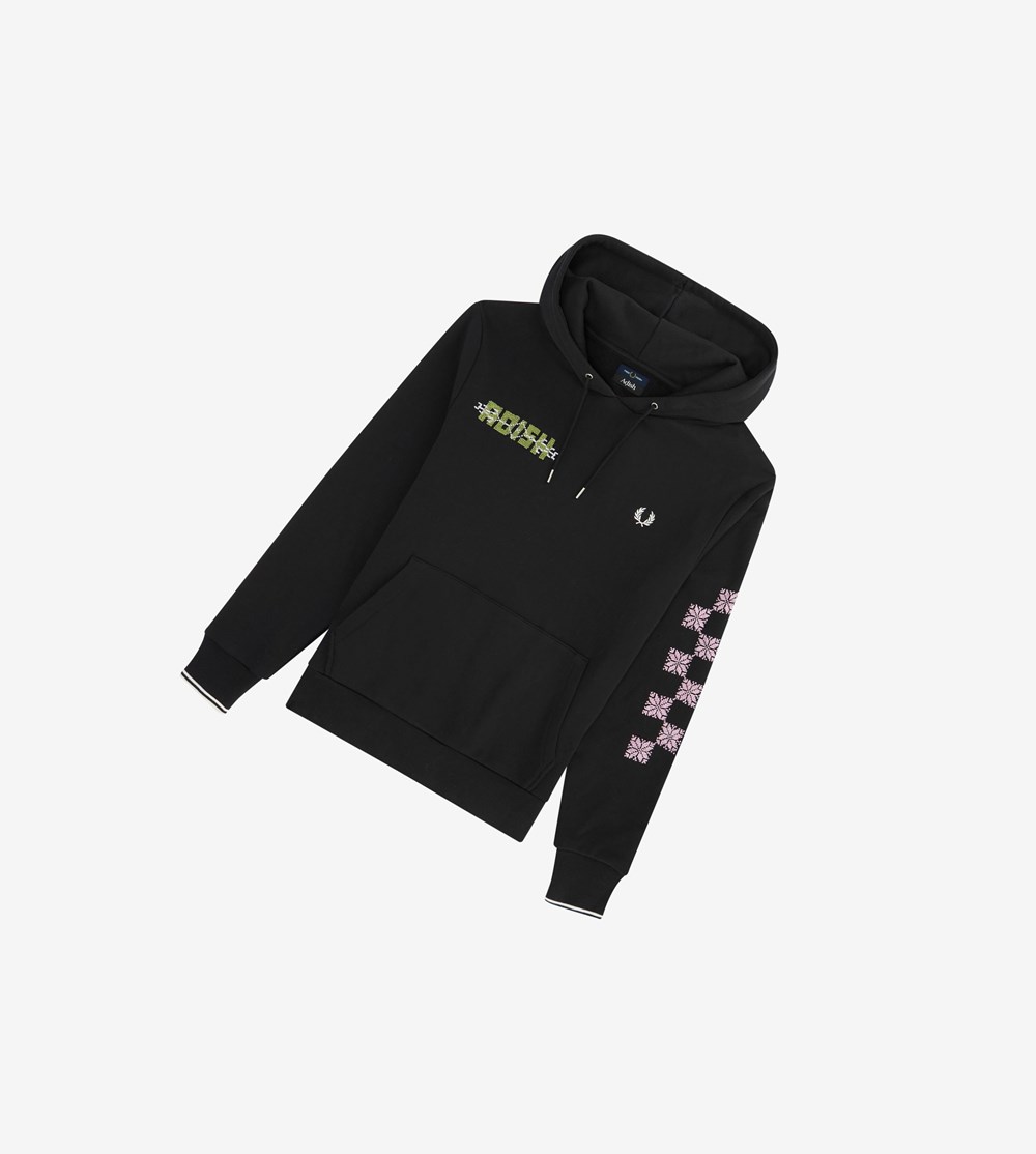 Black Fred Perry Adish Embroidered Hooded Sweatshirt Men's Tracksuits | LVQIK-7243