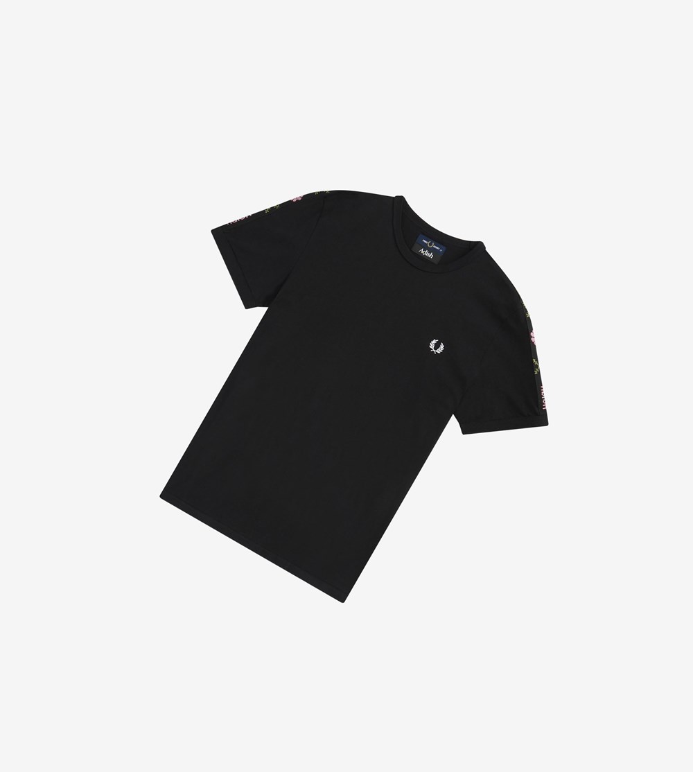 Black Fred Perry Adish Embroidered Tape Ringer Women's T Shirts & Tops | CLAPT-5724