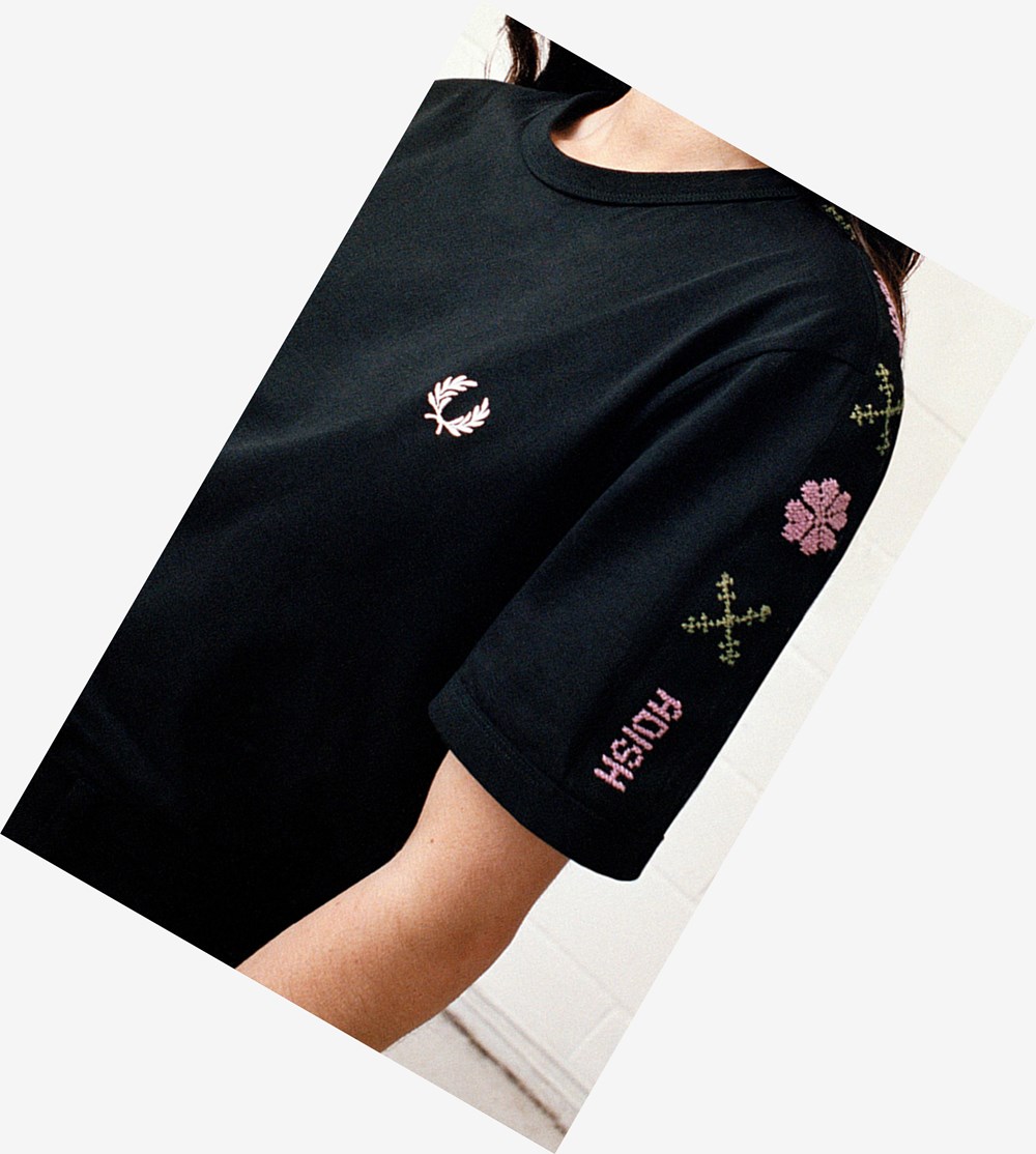 Black Fred Perry Adish Embroidered Tape Ringer Women's T Shirts & Tops | CLAPT-5724