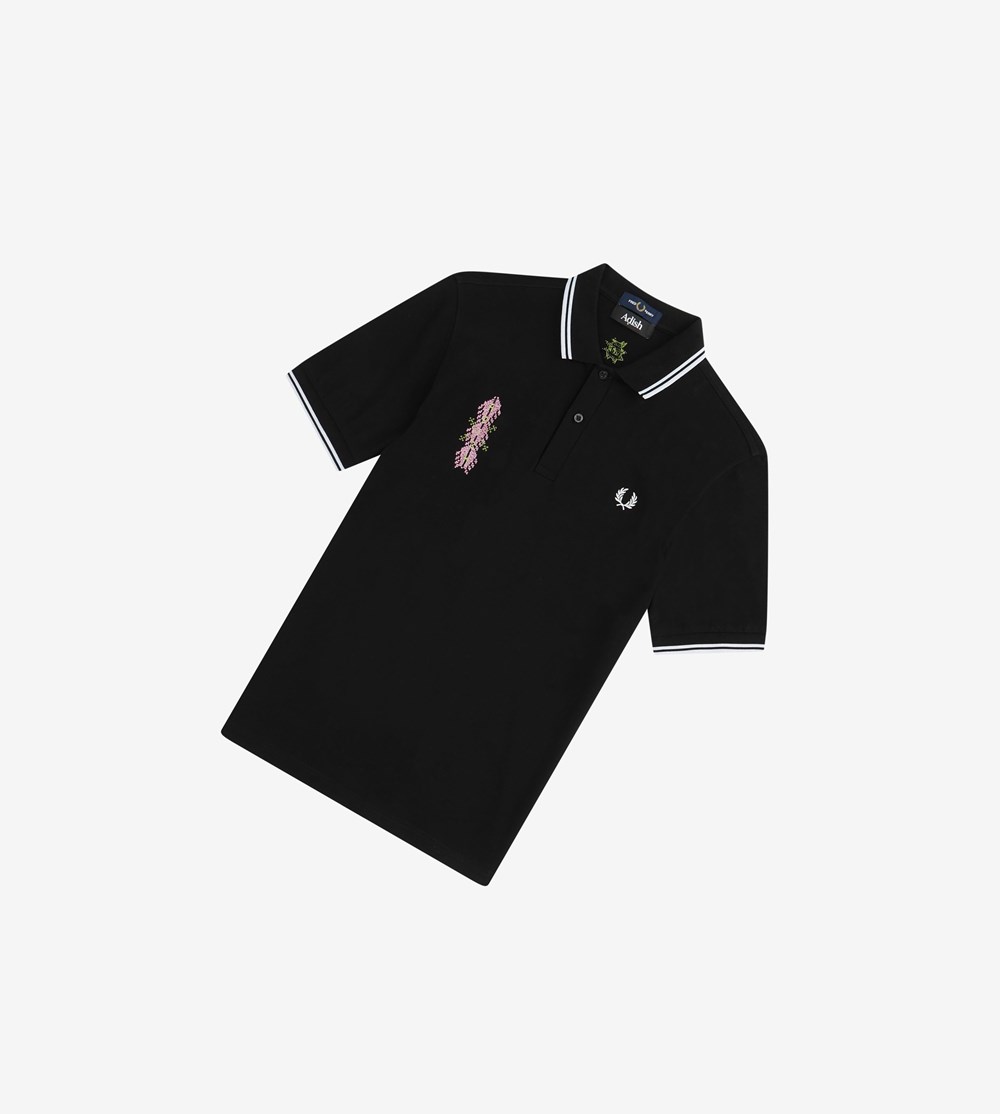 Black Fred Perry Adish Embroidered Twin Tipped Shirt Men's Polo Shirts | AQWIE-8145