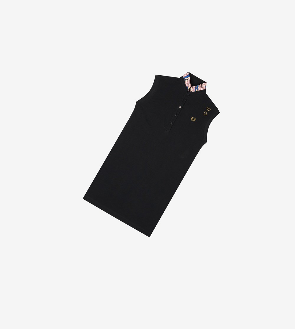 Black Fred Perry Amy Winehouse Foundation Printed Collar Piqué Women's Dresses | OGAYW-2758