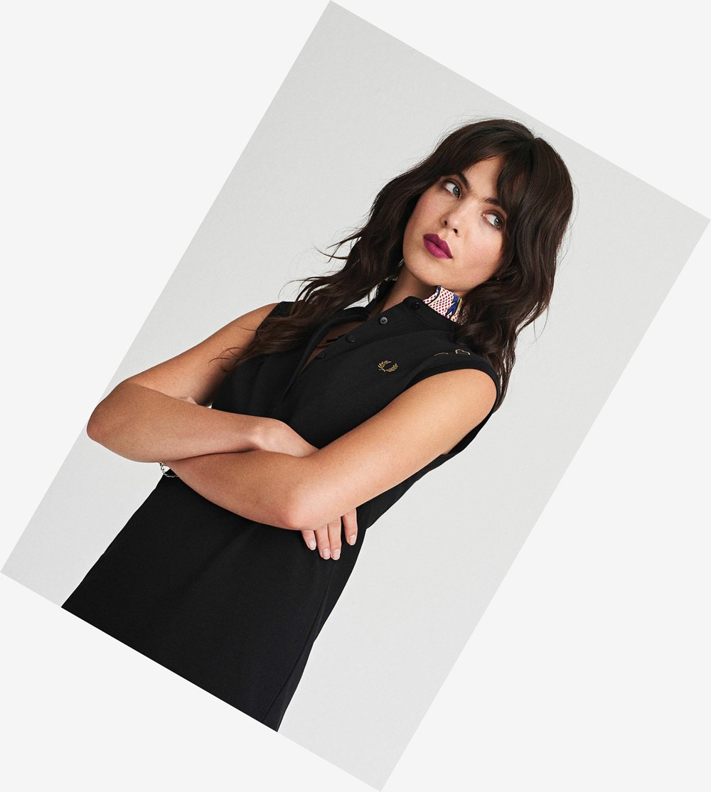 Black Fred Perry Amy Winehouse Foundation Printed Collar Piqué Women's Dresses | OGAYW-2758