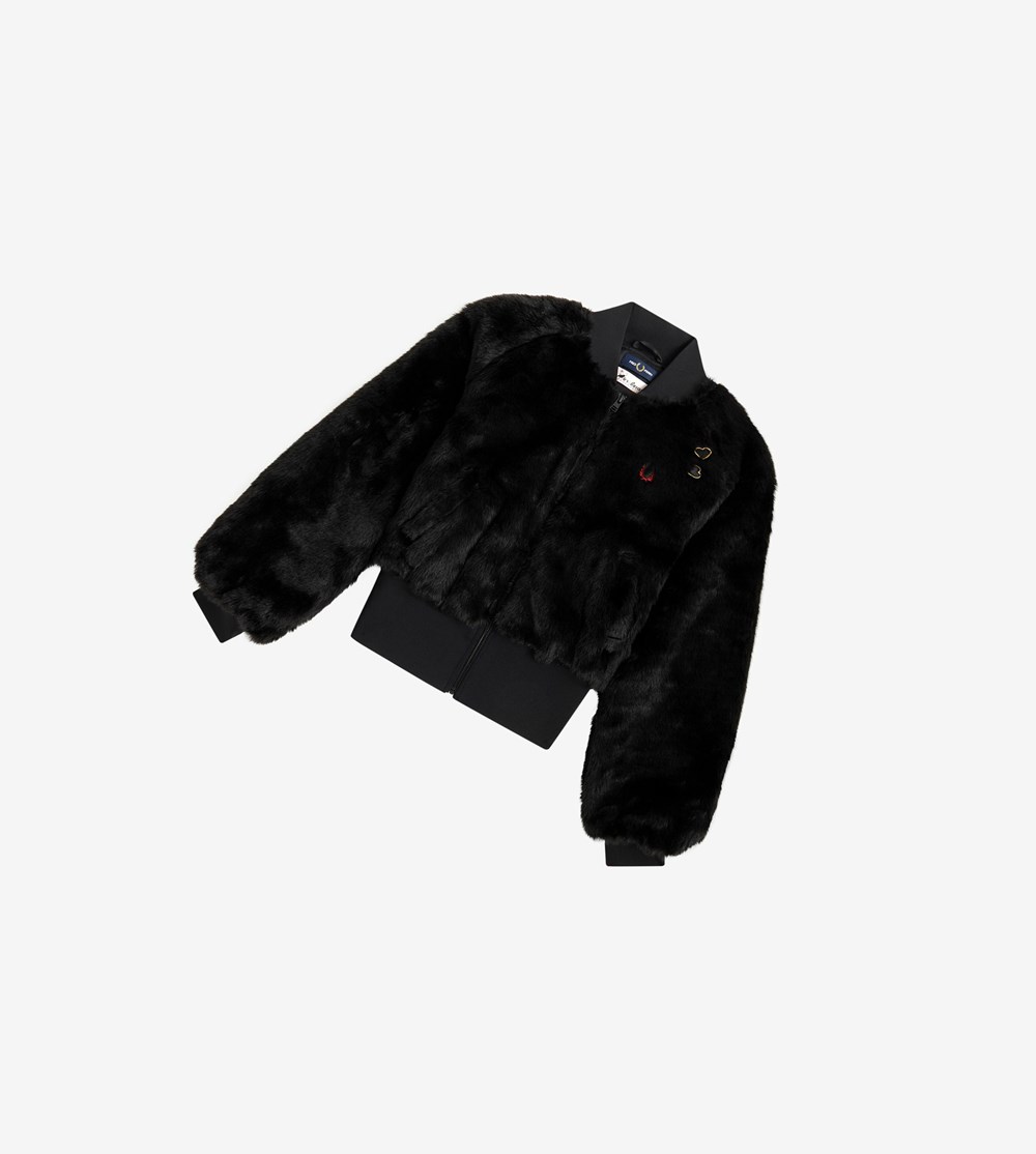 Black Fred Perry Amy Winehouse Foundation Heart Detail Faux Fur Jacket Women's Jackets | QAKVD-8745