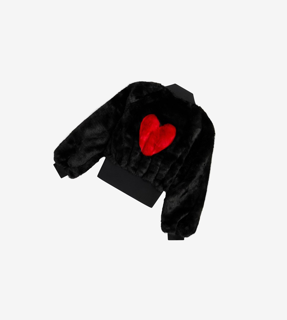 Black Fred Perry Amy Winehouse Foundation Heart Detail Faux Fur Jacket Women's Jackets | QAKVD-8745