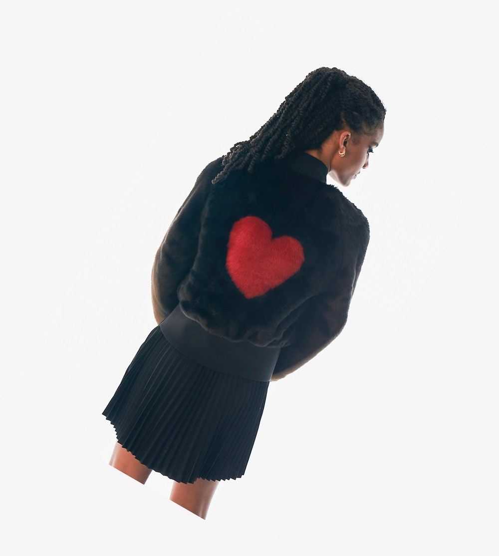 Black Fred Perry Amy Winehouse Foundation Heart Detail Faux Fur Jacket Women\'s Jackets | QAKVD-8745