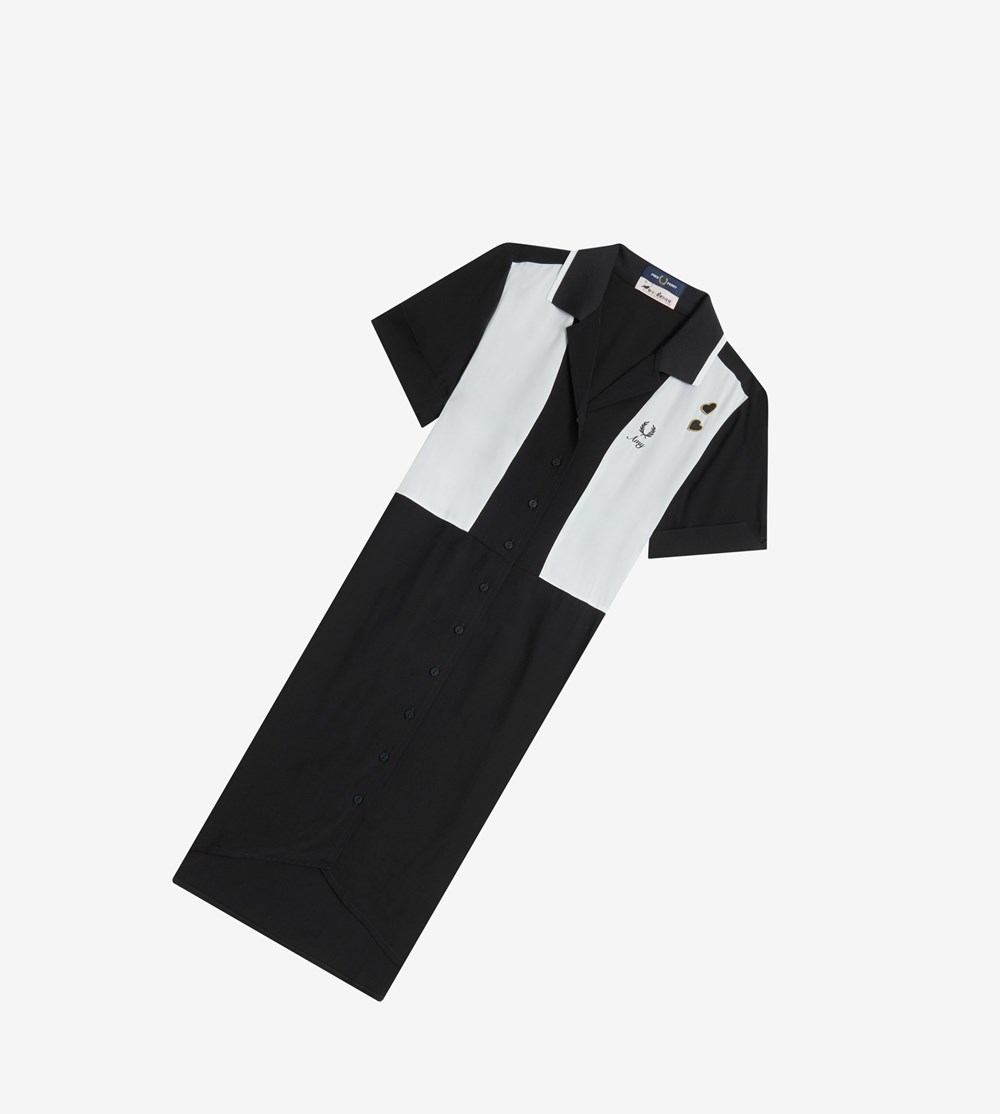 Black Fred Perry Amy Winehouse Foundation Bowling Shirt Women's Dresses | XMDJH-3075