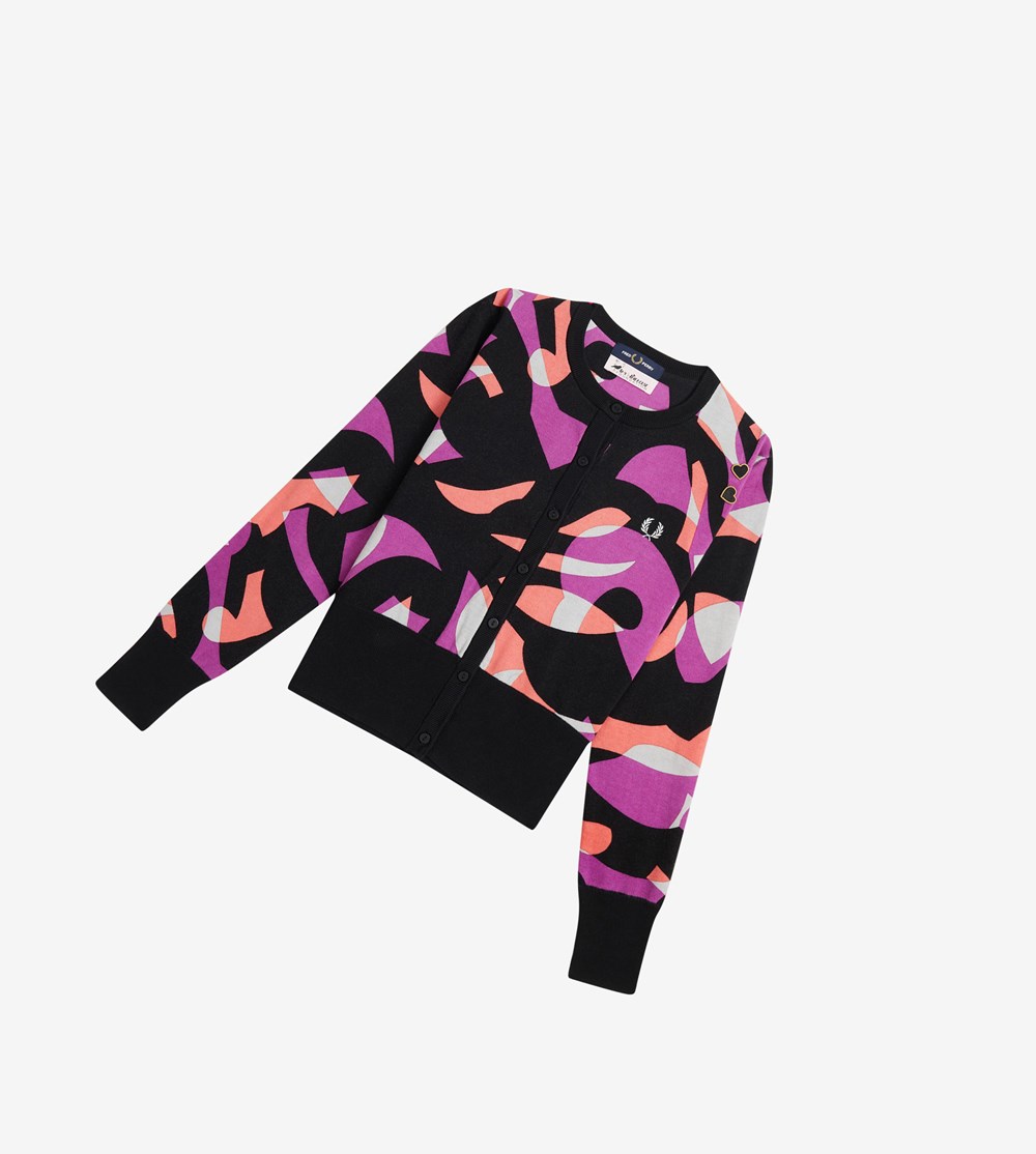 Black Fred Perry Amy Winehouse Foundation Abstract Cardigan Women's Knitwear | XNDAZ-7538