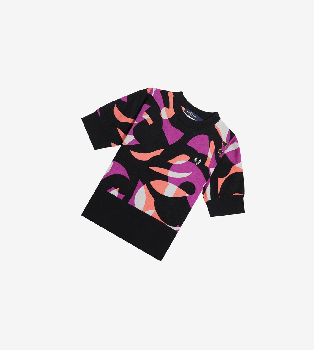 Black Fred Perry Amy Winehouse Foundation Abstract Short Sleeve Jumper Women's Knitwear | YWFUX-3916