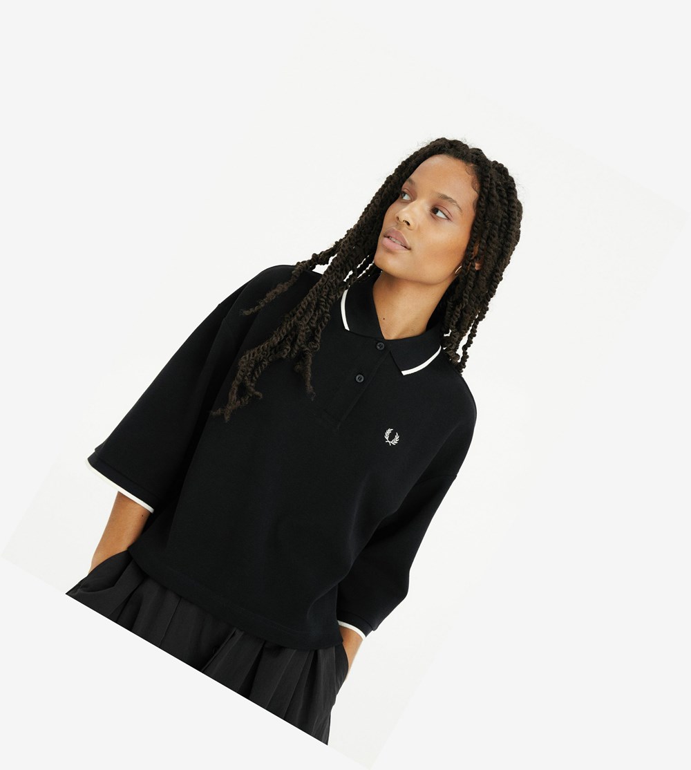 Black Fred Perry Boxy Piqué Shirt Women\'s Polo Shirts | EATVH-0387