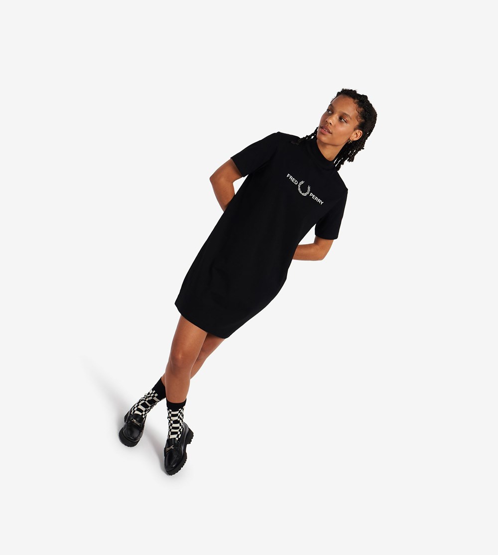 Black Fred Perry Branded High Neck T-Shirt Women\'s Dresses | OFHLT-4287